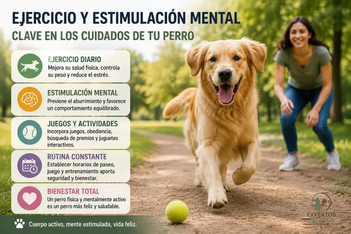 Perro jugando al aire libre mientras realiza ejercicio físico y actividades de estimulación mental para mantener una buena salud y bienestar.