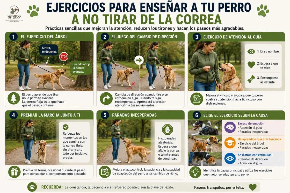 Infografía con ejercicios para enseñar a un perro a no tirar de la correa durante el paseo, incluyendo cambios de dirección, atención al guía, paradas y refuerzo positivo.