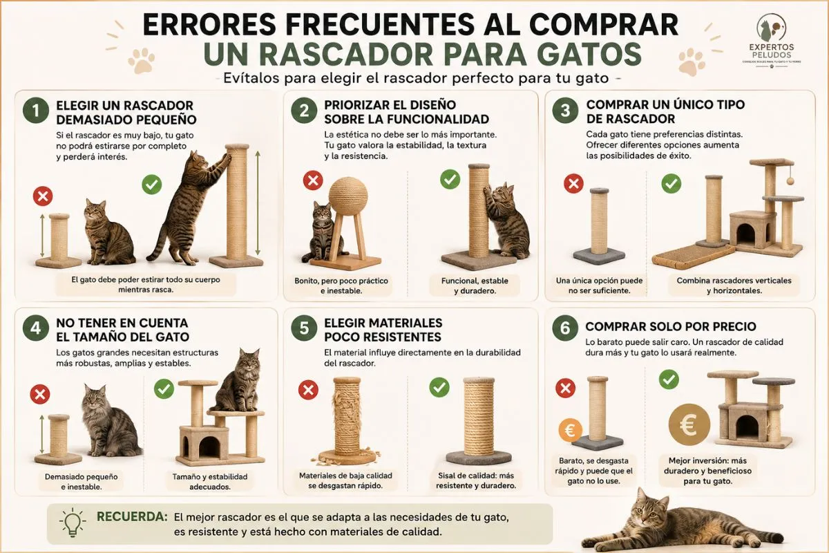Infografía sobre los errores más comunes al elegir un rascador para gatos, incluyendo tamaño insuficiente, materiales de baja calidad y elección incorrecta del tipo de rascador