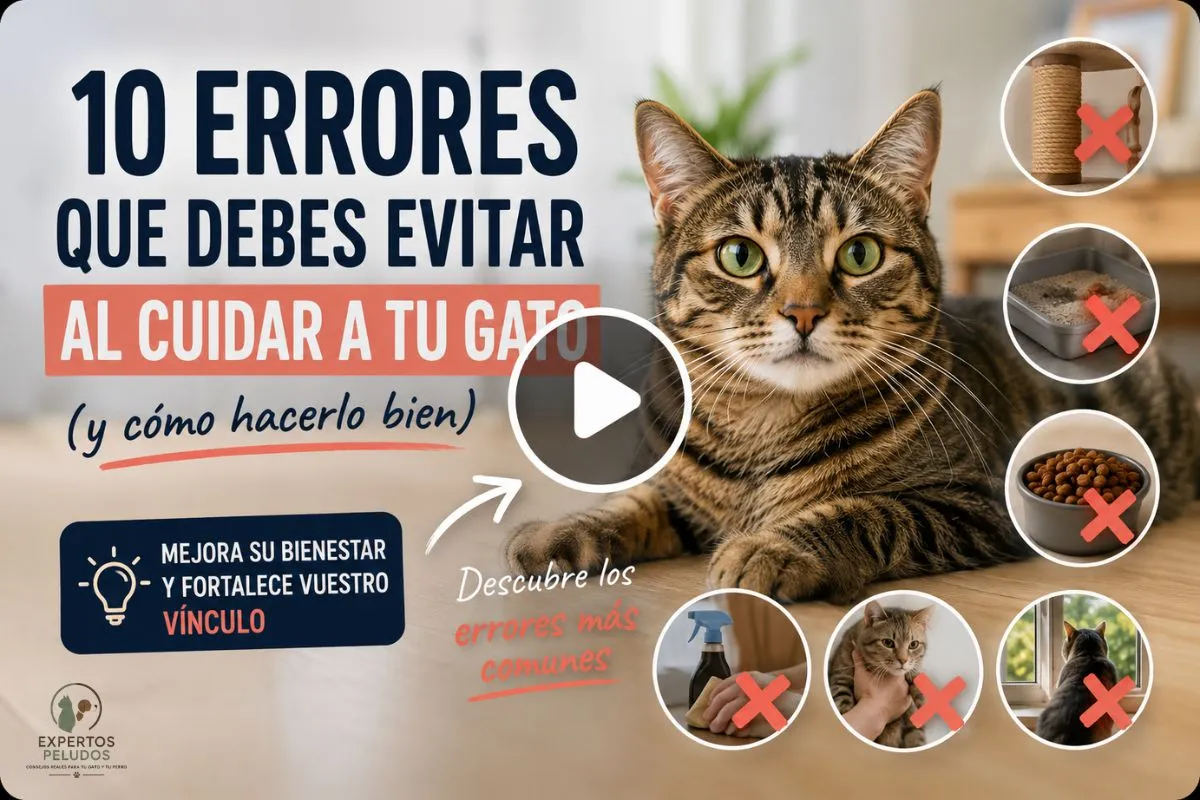 Portada de vídeo sobre los errores más comunes al cuidar un gato, mostrando prácticas incorrectas relacionadas con la alimentación, el arenero, los rascadores y el bienestar felino.