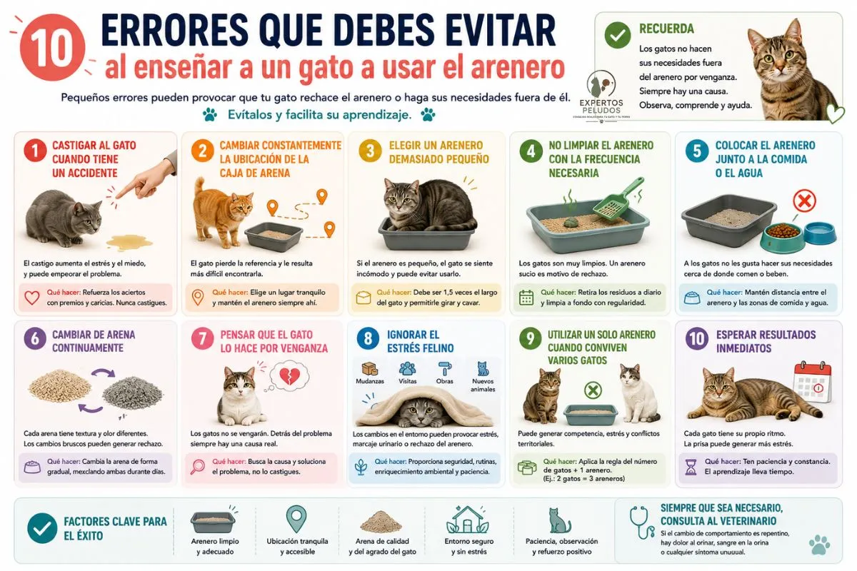 Infografía sobre los errores más frecuentes al enseñar a un gato a usar el arenero, incluyendo problemas de limpieza, ubicación, estrés felino y uso incorrecto de la caja de arena.