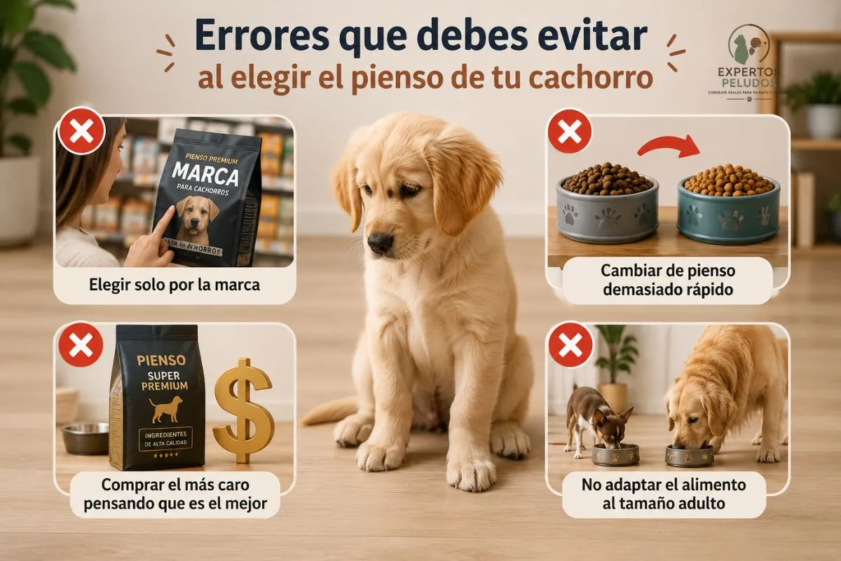 Errores comunes al elegir un pienso para cachorros: escoger solo por la marca, cambiar de alimento demasiado rápido, comprar el más caro y no adaptar el pienso al tamaño adulto del perro.