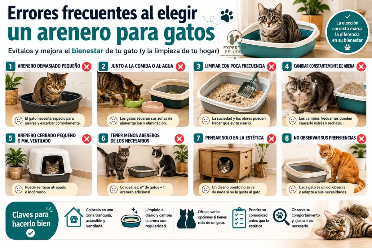 Infografía sobre los errores más frecuentes al elegir un arenero para gatos, incluyendo tamaño, ubicación, limpieza y número de areneros necesarios.