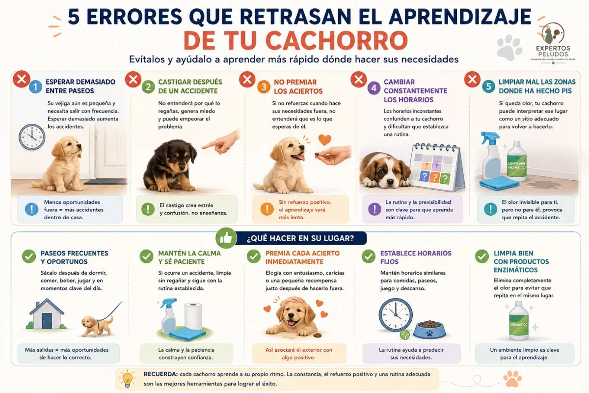 Infografía sobre los errores más comunes que retrasan que un cachorro aprenda a hacer sus necesidades fuera de casa