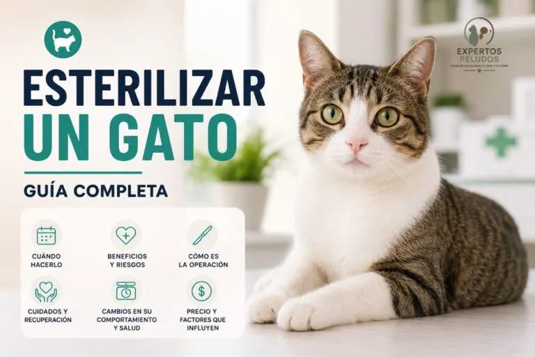 Gato doméstico en una clínica veterinaria ilustrando una guía completa sobre cómo esterilizar un gato, cuándo hacerlo, beneficios, riesgos y cuidados tras la operación.