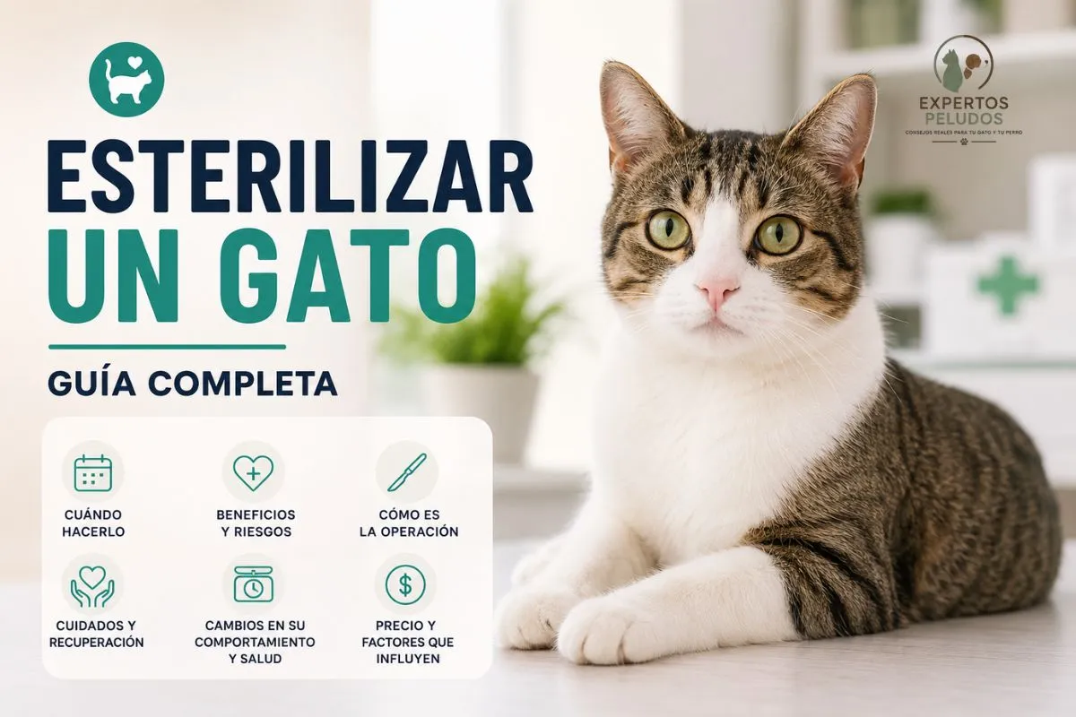 Gato doméstico en una clínica veterinaria ilustrando una guía completa sobre cómo esterilizar un gato, cuándo hacerlo, beneficios, riesgos y cuidados tras la operación.