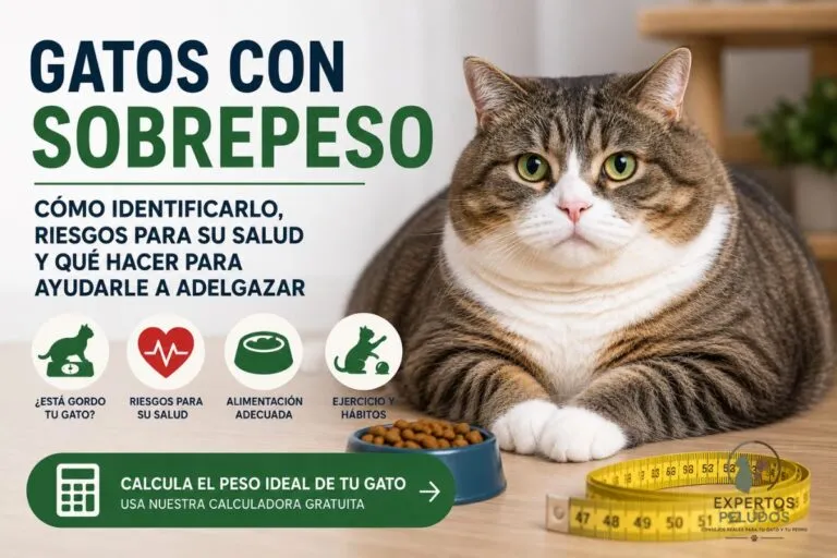 Gato con sobrepeso tumbado junto a una cinta métrica y guía sobre cómo identificar la obesidad felina