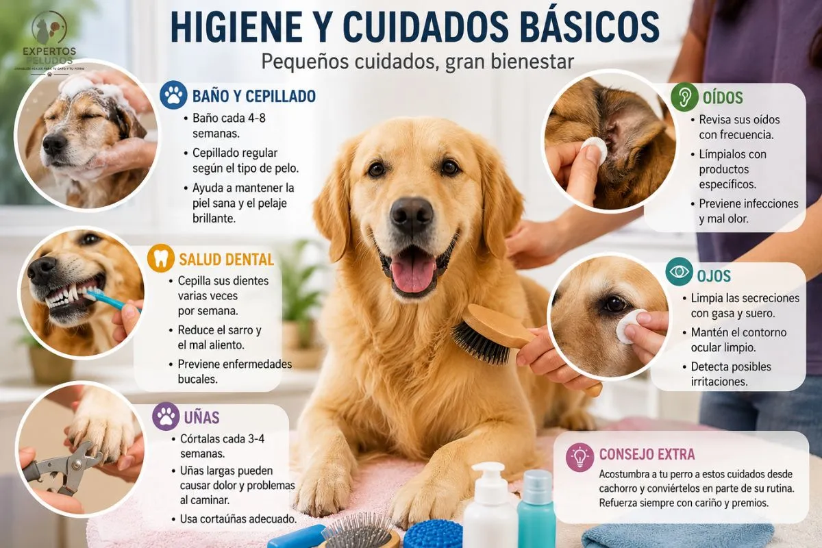 Perro siendo cepillado mientras se muestran los principales cuidados de higiene canina como baño, cepillado, limpieza de oídos, ojos, dientes y uñas.
