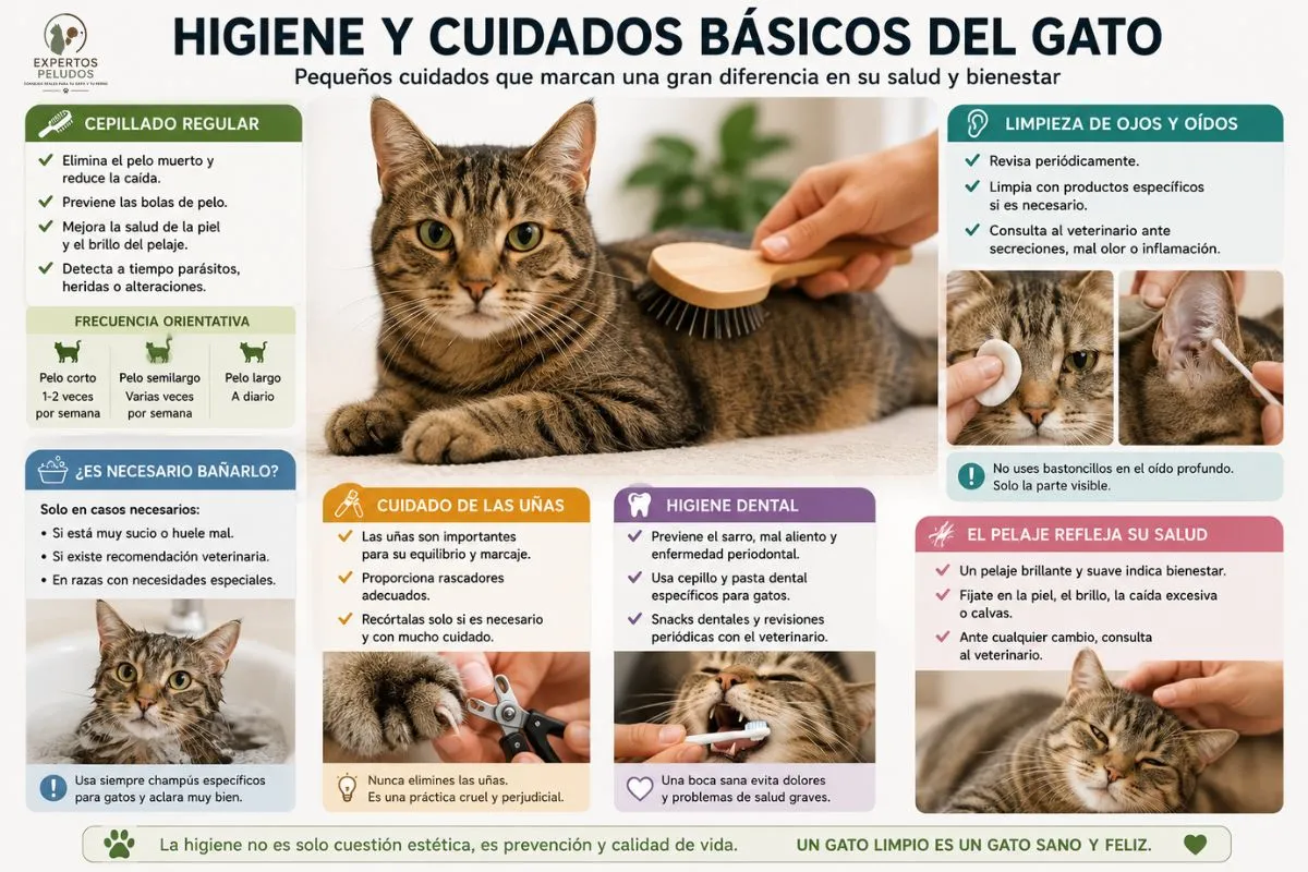 Infografía sobre la higiene y los cuidados básicos del gato con consejos de cepillado, cuidado de uñas, limpieza de ojos y oídos, salud dental y mantenimiento del pelaje.