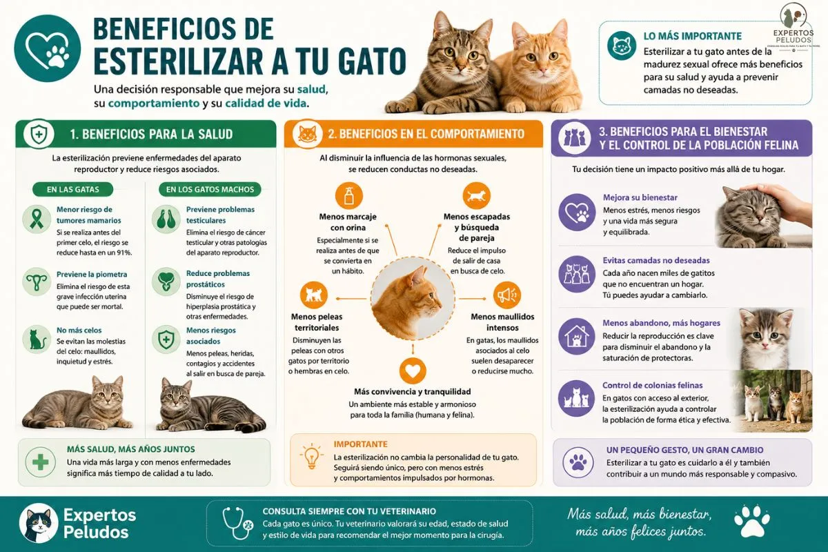Infografía sobre los beneficios de esterilizar un gato, incluyendo ventajas para la salud, cambios positivos en el comportamiento y su contribución al bienestar y al control de la población felina.