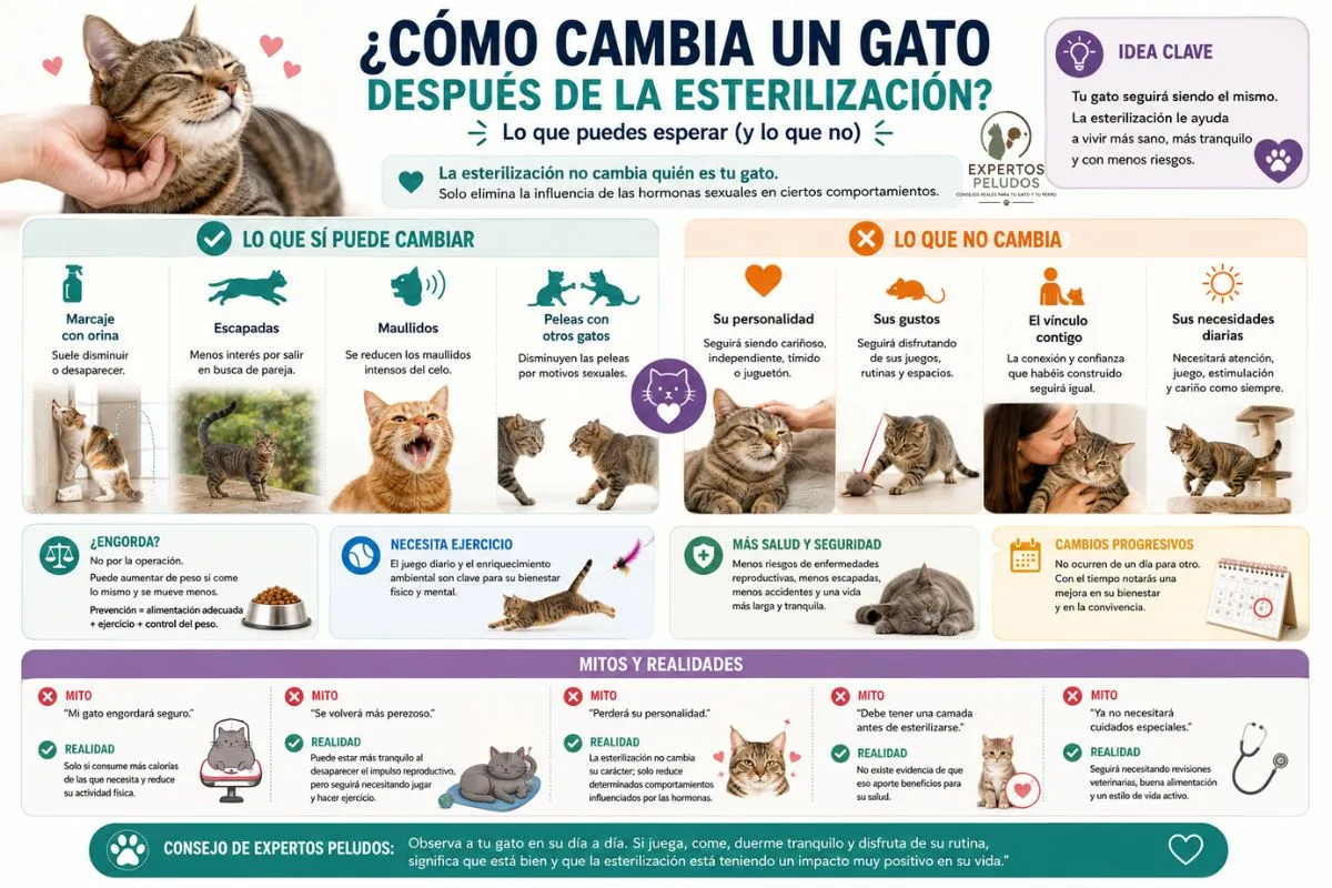 Infografía sobre cómo cambia un gato después de la esterilización, explicando qué comportamientos pueden modificarse, cuáles no cambian, los mitos más frecuentes y los beneficios para su salud y bienestar.
