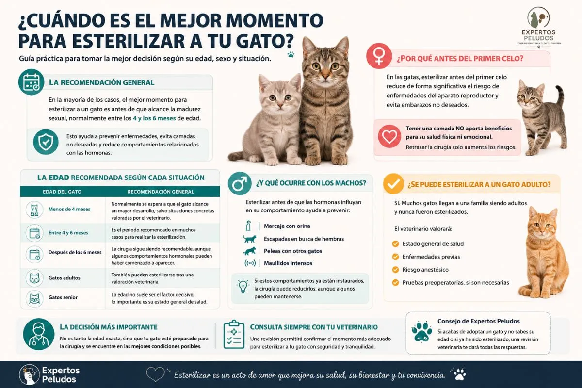 Infografía sobre cuándo esterilizar un gato con la edad recomendada, diferencias entre machos y hembras, beneficios de hacerlo antes del primer celo y recomendaciones veterinarias.