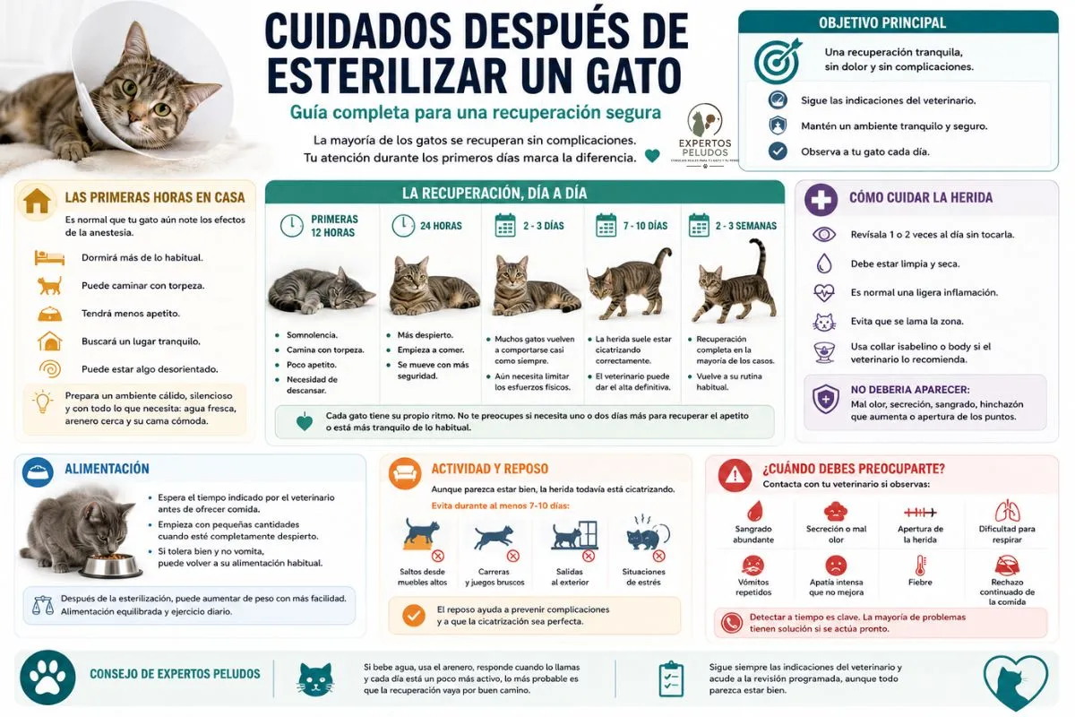 Infografía sobre los cuidados después de esterilizar un gato, con recomendaciones para las primeras horas, alimentación, reposo, cuidado de la herida, recuperación y signos de alerta que requieren acudir al veterinario.