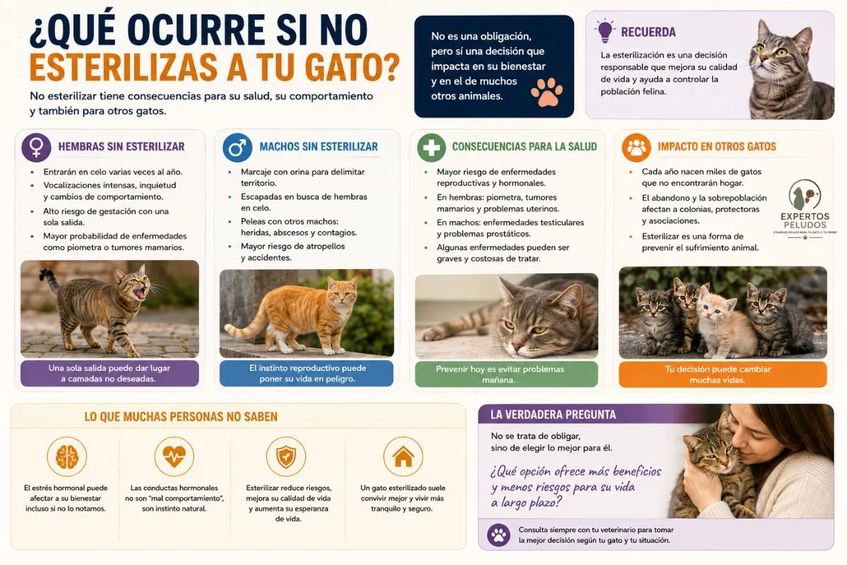 Infografía sobre qué ocurre si no esterilizas a tu gato, explicando los riesgos para su salud, los cambios de comportamiento, las camadas no deseadas y el impacto en el bienestar y la población felina.