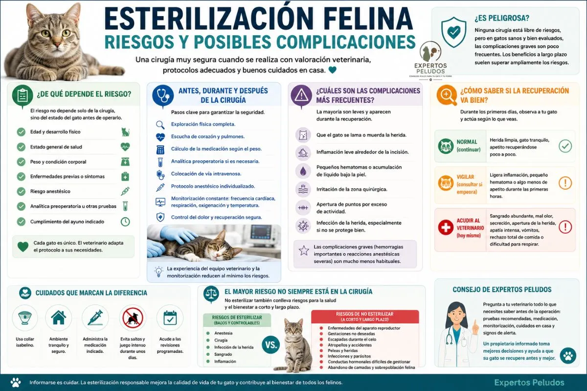 Infografía sobre los riesgos de esterilizar un gato, cómo reducir las posibles complicaciones, qué revisa el veterinario antes de la cirugía y cuáles son los signos de una recuperación normal.