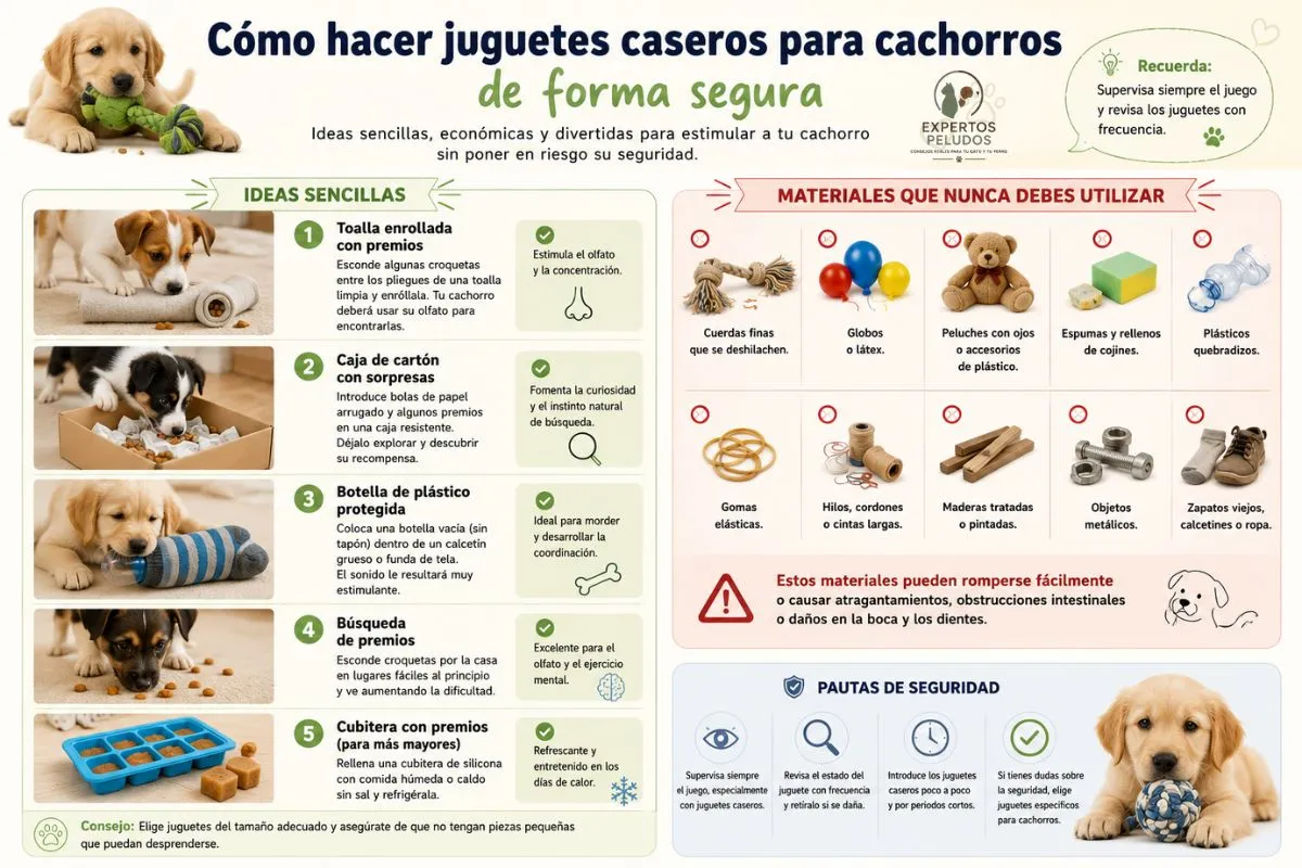 Infografía con ideas de juguetes caseros para cachorros, materiales seguros para fabricarlos en casa y objetos que nunca deben utilizarse por riesgo de atragantamiento o lesiones.