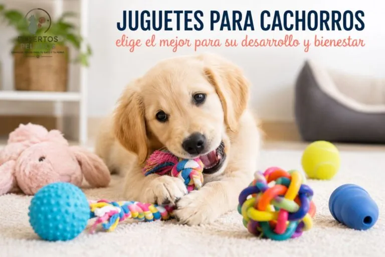 Cachorro jugando con varios juguetes mordedores, interactivos y de enriquecimiento, ideales para estimular su desarrollo, aliviar la dentición y favorecer un crecimiento saludable.