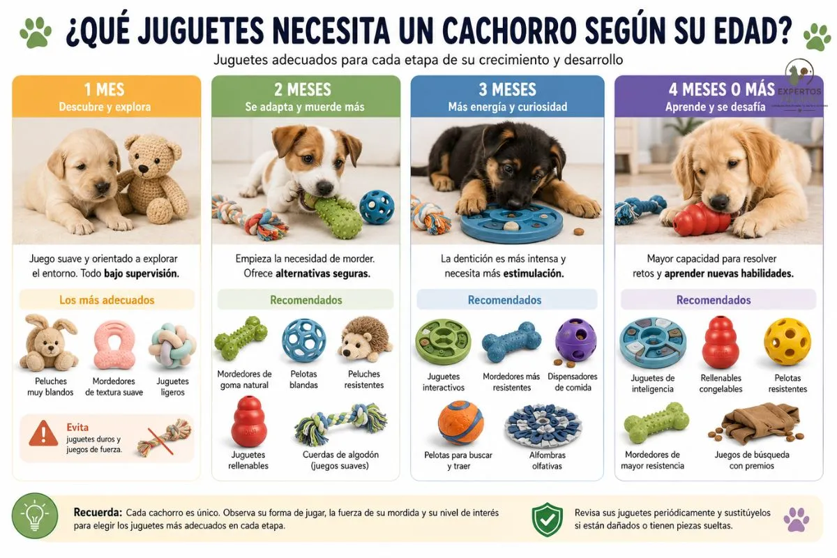 Infografía con los mejores juguetes para cachorros de 1, 2, 3 y más de 4 meses, incluyendo mordedores, juguetes interactivos, pelotas y juguetes de inteligencia adaptados a cada etapa de crecimiento.