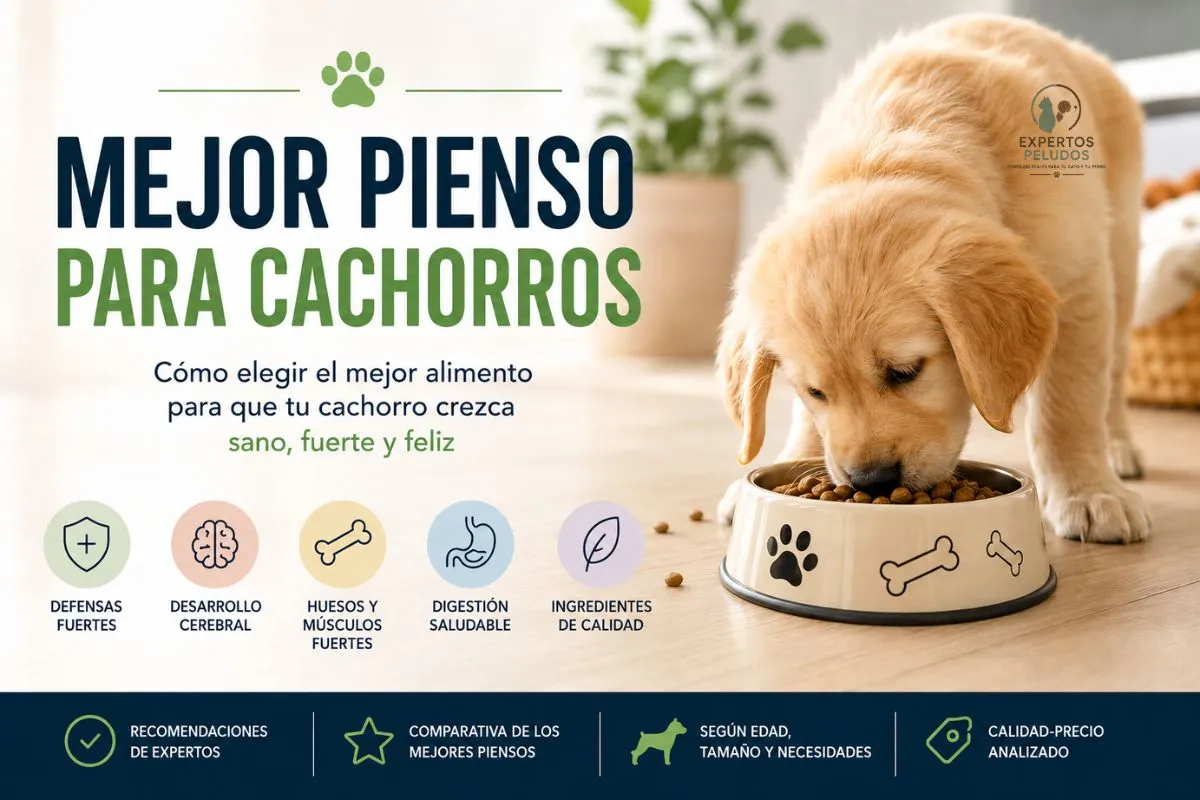 Cachorro comiendo pienso de alta calidad recomendado para un crecimiento saludable