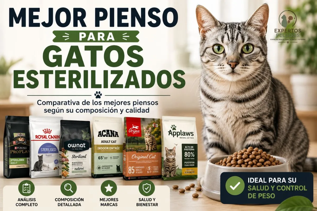 Mejor pienso para gatos esterilizados con comparativa de las principales marcas y un gato adulto junto a un cuenco de pienso.