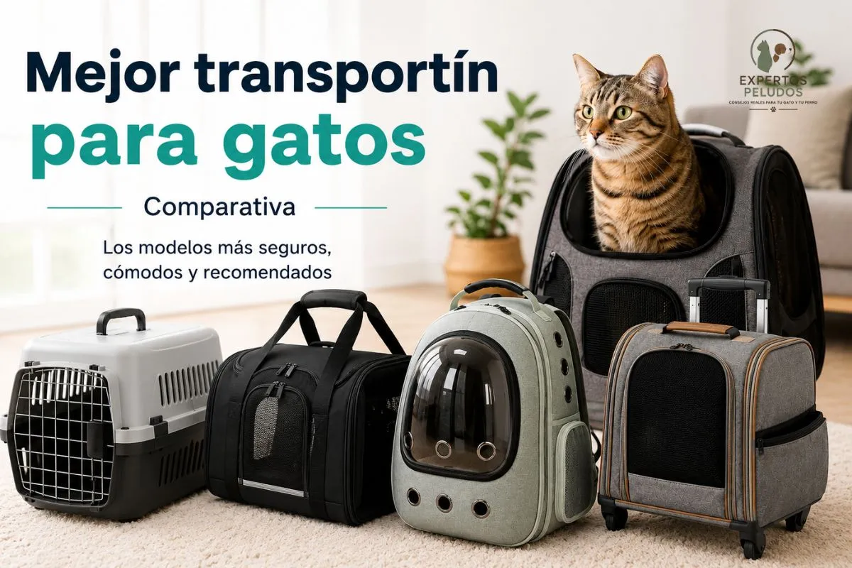 Comparativa de los mejores transportines para gatos con modelos rígidos, blandos, mochila y transportín con ruedas junto a un gato doméstico.