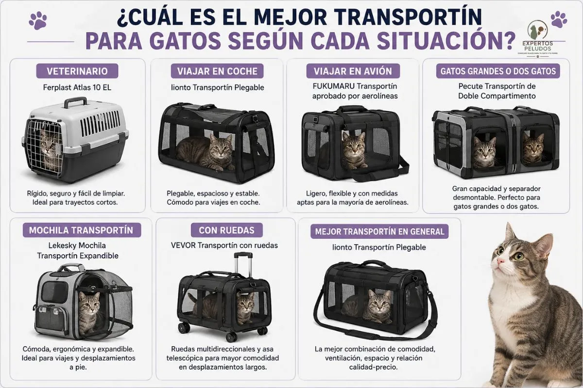 Comparativa de los mejores transportines para gatos según cada situación: veterinario, coche, avión, mochila transportín, transportín con ruedas y gatos grandes.