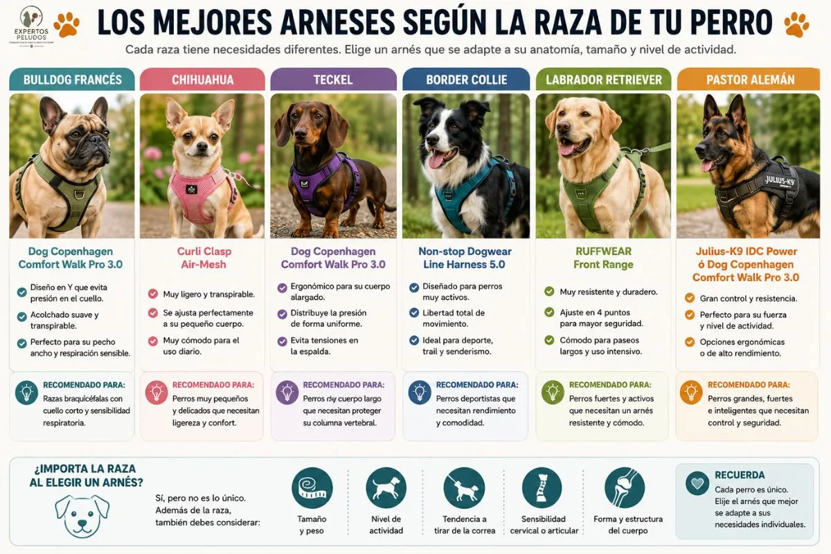 Guía de los mejores arneses para perros según la raza, incluyendo Bulldog Francés, Chihuahua, Teckel, Border Collie, Labrador Retriever y Pastor Alemán