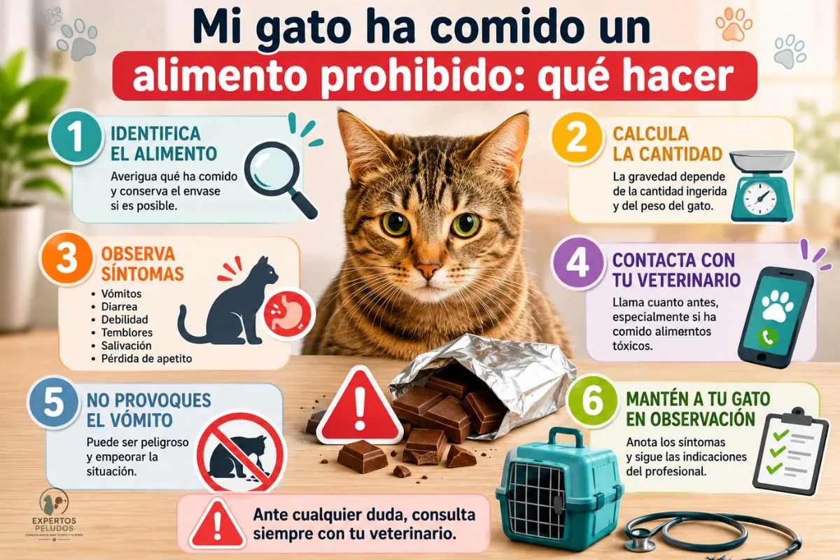 Infografía sobre qué hacer si un gato ha comido un alimento prohibido con pasos para actuar ante una posible intoxicación