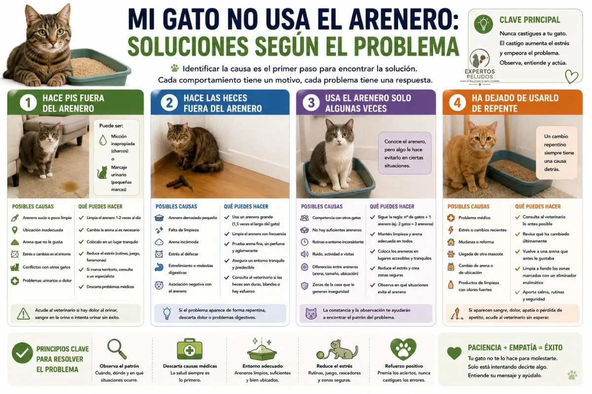 Infografía sobre qué hacer cuando un gato no usa el arenero, incluyendo soluciones para gatos que hacen pis fuera, hacen las heces fuera o dejan de utilizar la caja de arena.