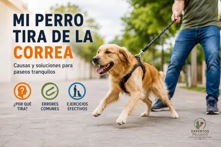 Perro tirando de la correa durante un paseo mientras su propietario intenta controlarlo. Imagen sobre las causas y soluciones para que un perro deje de tirar de la correa.