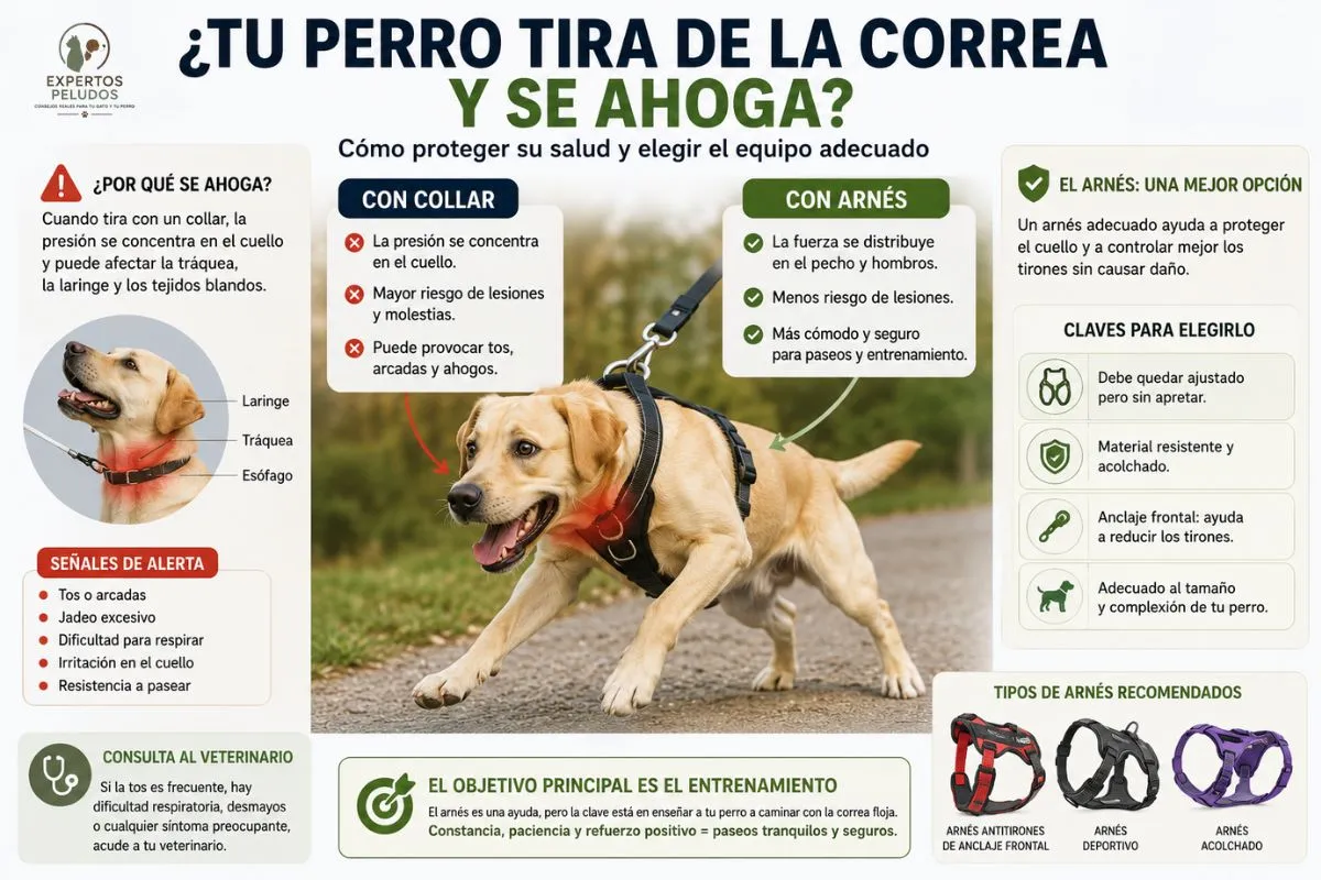 Infografía sobre qué hacer cuando un perro tira de la correa y se ahoga, comparando el uso de collar y arnés para mejorar la seguridad durante el paseo.