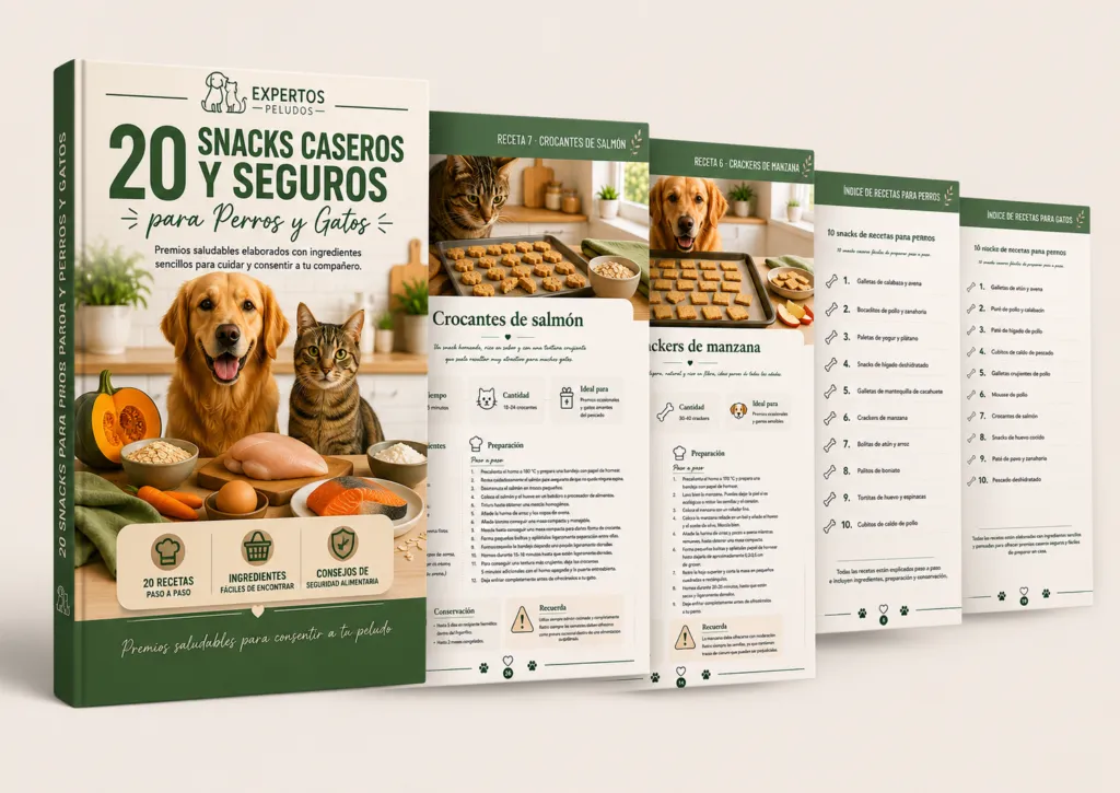 Mockup del ebook 20 recetas de snacks caseros y seguros para perros y gatos de Expertos Peludos