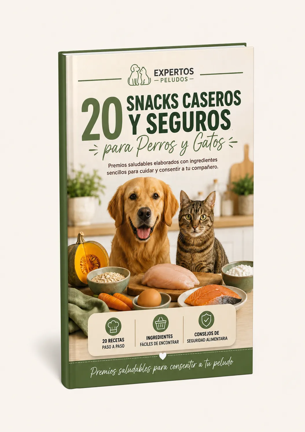 Mockup del ebook gratuito 20 recetas de snacks caseros y seguros para perros y gatos de Expertos Peludos