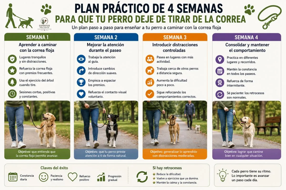 Infografía con un plan práctico de 4 semanas para enseñar a un perro a no tirar de la correa, incluyendo ejercicios, objetivos y progresión del entrenamiento.