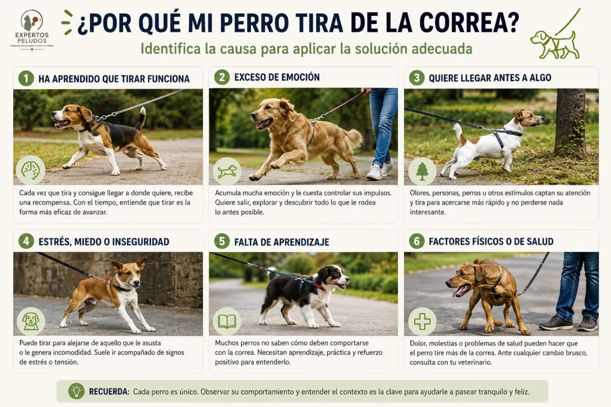 Infografía que explica por qué un perro tira de la correa durante el paseo, mostrando las causas más habituales como la excitación, el aprendizaje, el miedo o la falta de entrenamiento.