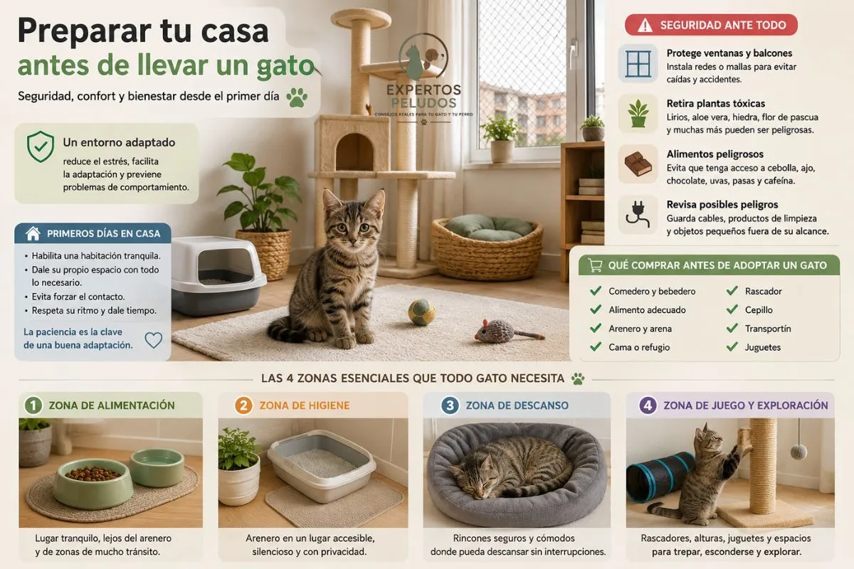 Habitación preparada para la llegada de un gato con arenero, cama, rascador, juguetes, comedero y medidas de seguridad para una adaptación segura al hogar.
