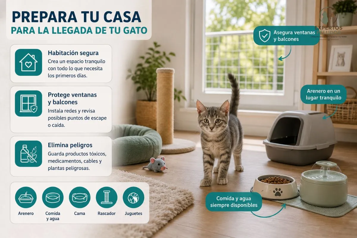 Cómo preparar la casa para la llegada de un gato con arenero, cama, rascador y zona segura de adaptación