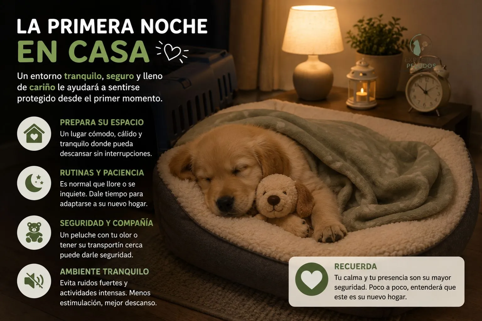Cachorro durmiendo en su cama durante su primera noche en casa en un entorno tranquilo y seguro