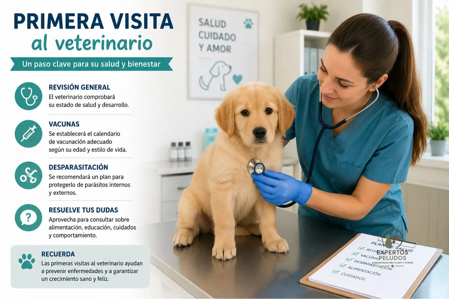 Veterinaria realizando la primera revisión médica a un cachorro durante su visita al veterinario