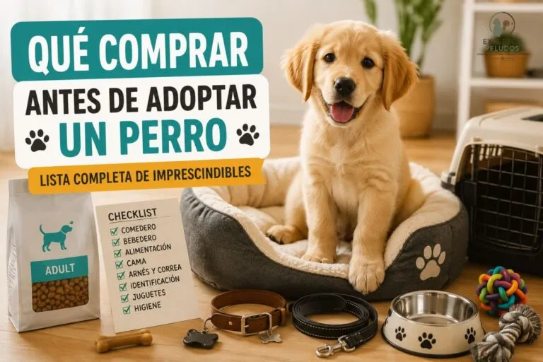 Accesorios imprescindibles que comprar antes de adoptar un perro: cama, comedero, correa, transportín y juguetes.