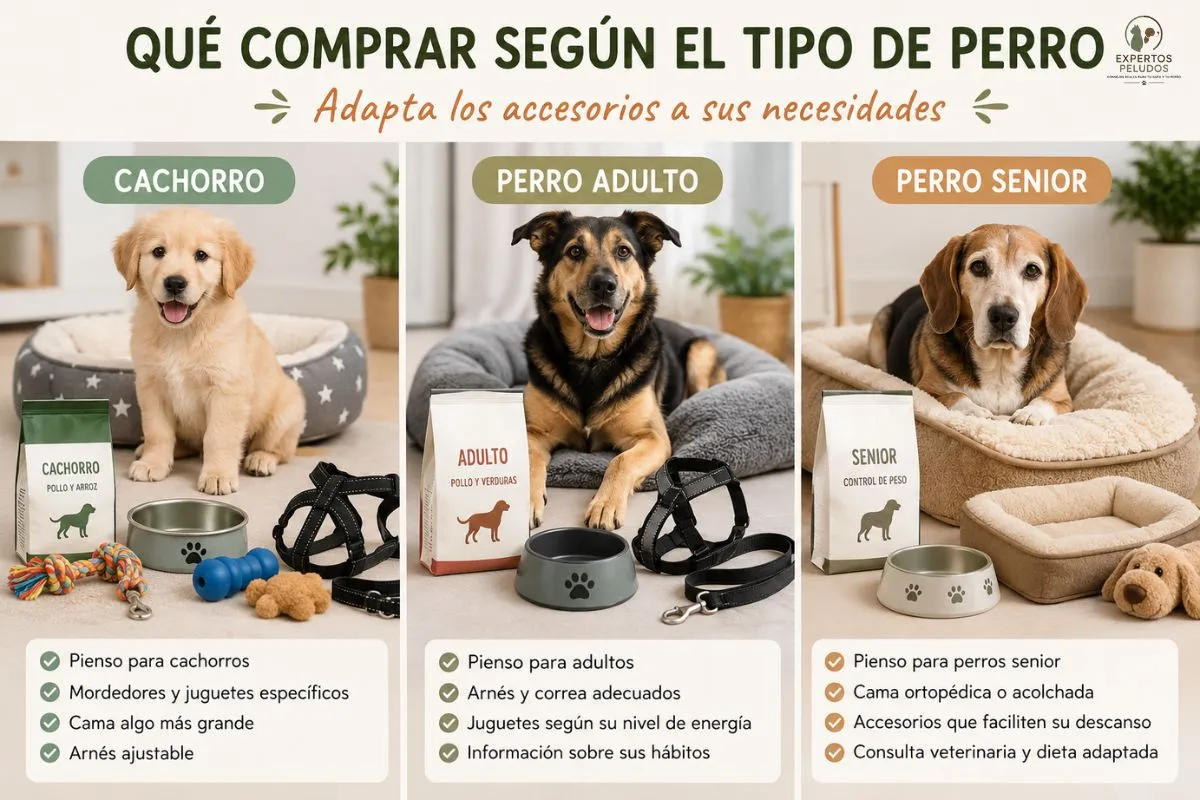 Accesorios recomendados según el tipo de perro: cachorro, perro adulto y perro senior antes de la adopción.