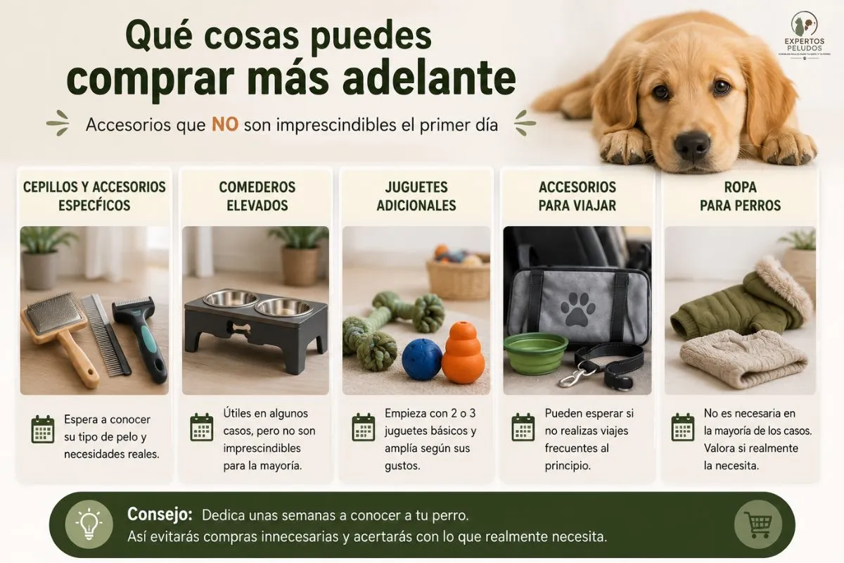 Accesorios para perros que pueden comprarse más adelante, como cepillos, juguetes adicionales, comederos elevados, ropa y accesorios de viaje.