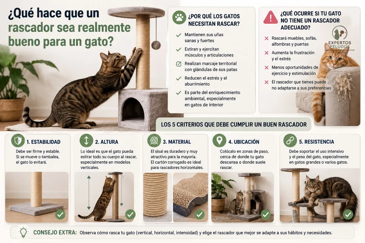 Infografía sobre las características de un buen rascador para gatos con poste de sisal, árbol rascador y criterios de elección