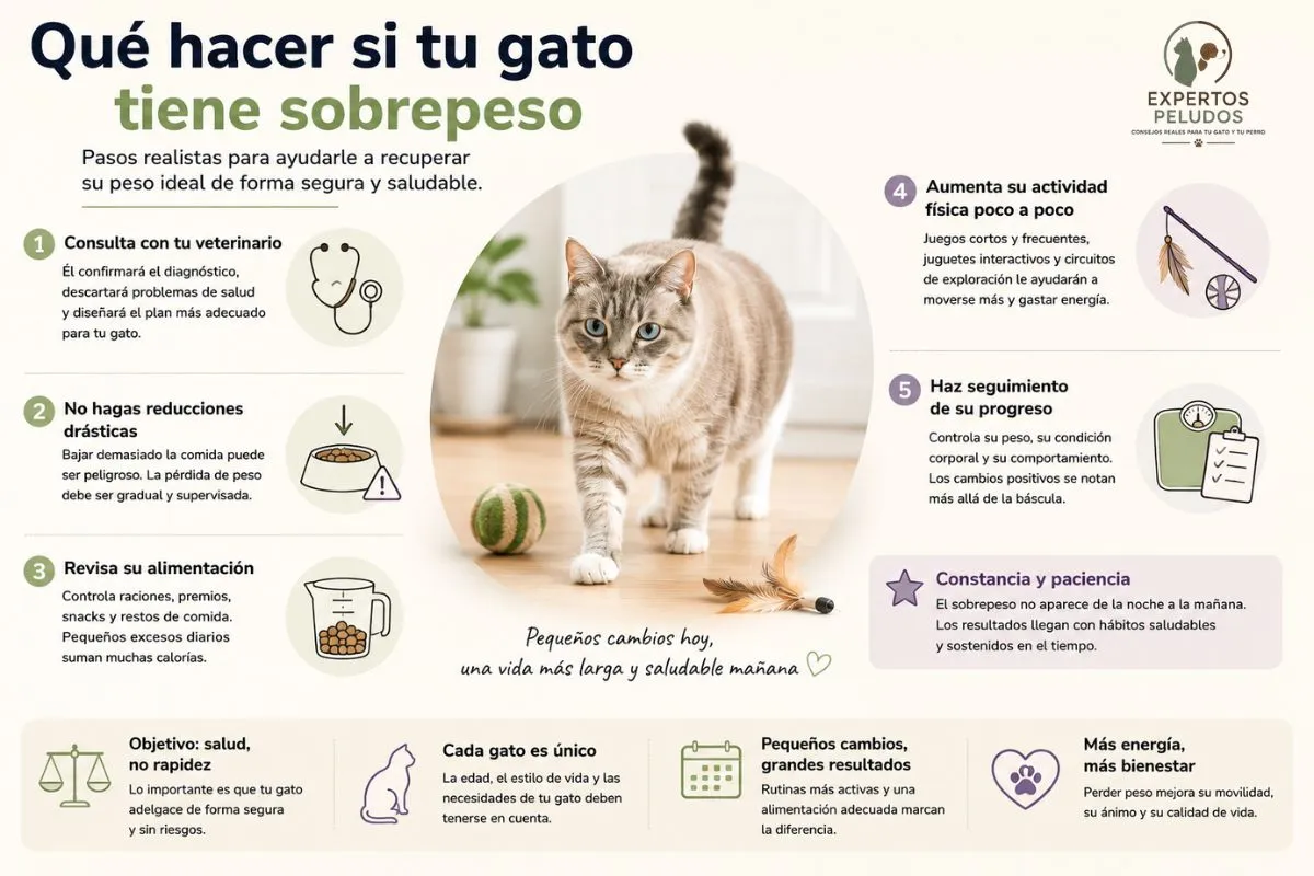 Infografía con recomendaciones para ayudar a un gato con sobrepeso a perder peso de forma segura mediante alimentación adecuada, actividad física y seguimiento veterinario