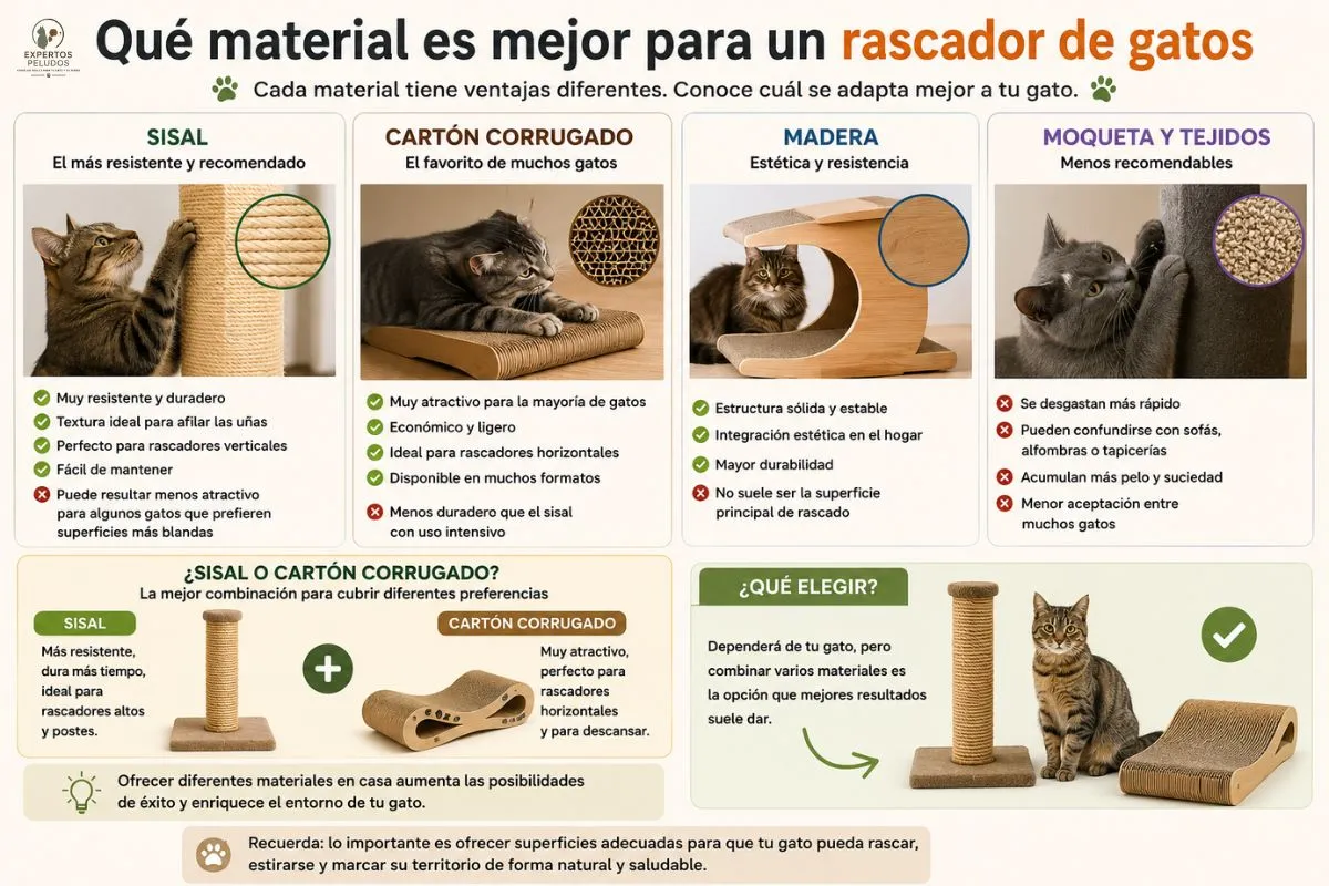 Comparativa de materiales para rascadores de gatos: sisal, cartón corrugado, madera y moqueta, mostrando ventajas e inconvenientes de cada opción