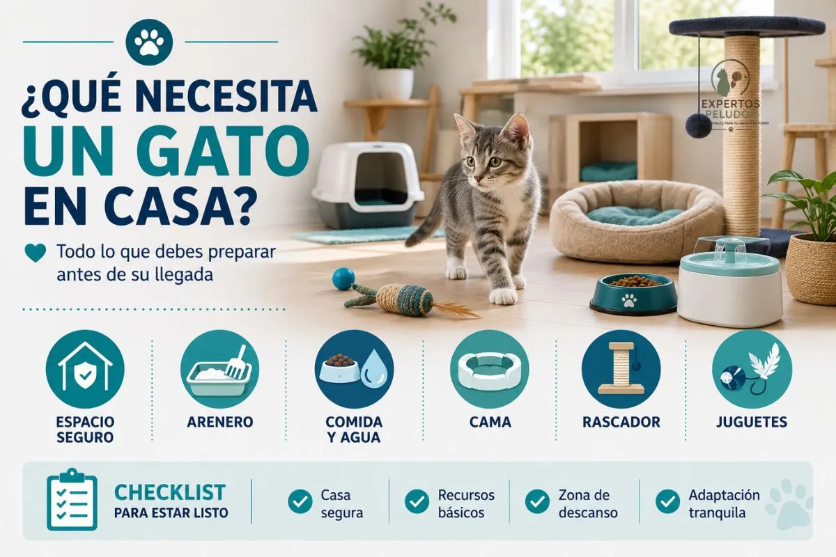 Qué necesita un gato en casa antes de su llegada: arenero, cama, comida, agua, rascador y juguetes