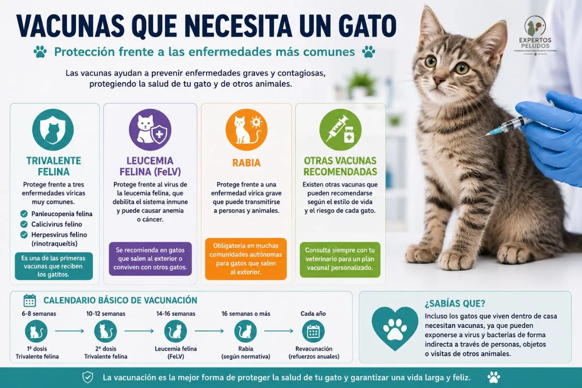 Infografía sobre las vacunas que necesita un gato, incluyendo la vacuna trivalente felina, la vacuna contra la leucemia felina y la vacuna de la rabia.