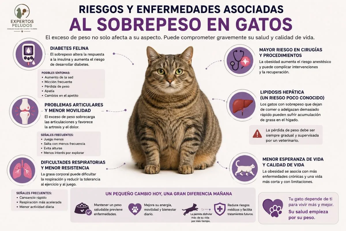 Infografía sobre los riesgos y enfermedades asociadas al sobrepeso en gatos como diabetes felina, artrosis, problemas respiratorios y lipidosis hepática