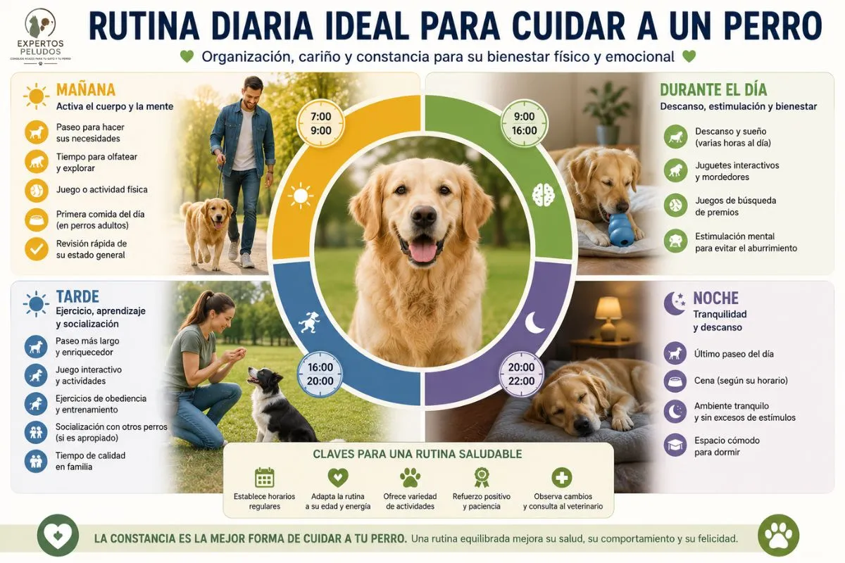 Rutina diaria de un perro mostrando paseos, alimentación, ejercicio, estimulación mental, descanso y cuidados básicos a lo largo del día.