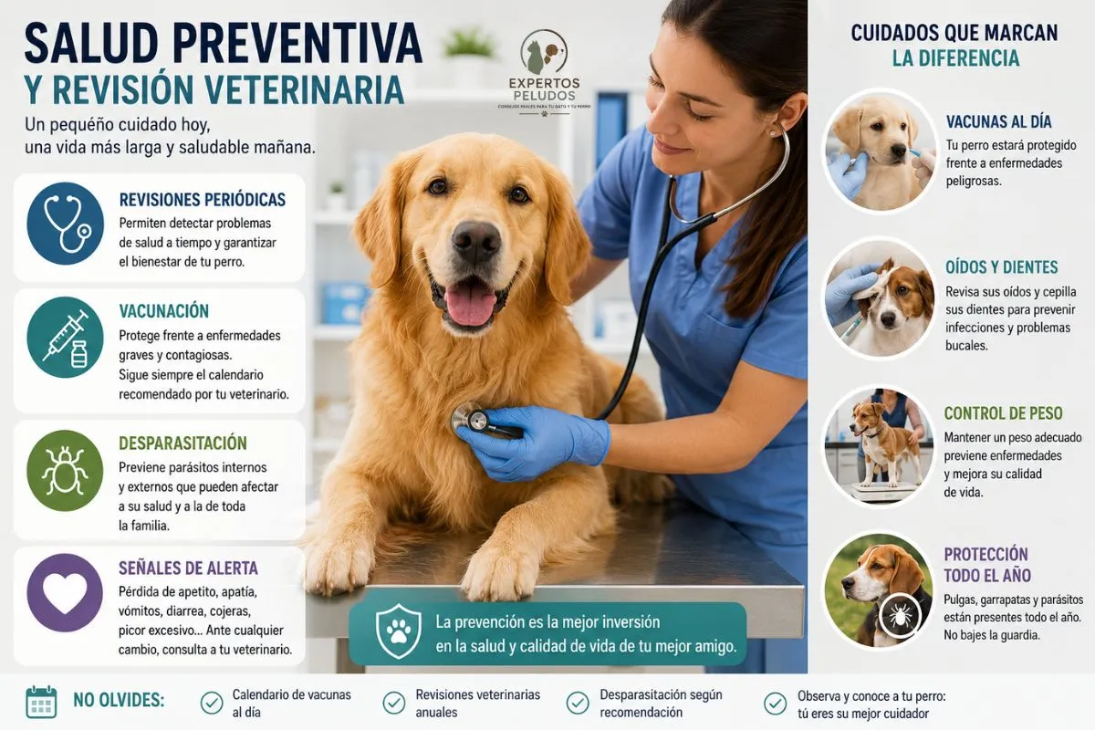 Veterinaria realizando una revisión médica a un perro como parte de los cuidados preventivos, vacunación y control de salud canina.